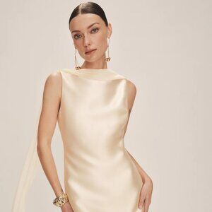 Reformation Ecru Dress - Boat Neckline, Detachable Scarf, Bridal Dress